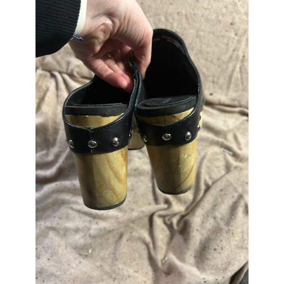 Chelsea & Violet Black Leather Wood Heel Clogs Women’s 10 Boho Retro - Picture 3 of 8